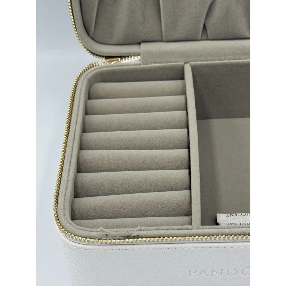 Pandora Zippered Jewelry Box Travel Case Organizer White Floral Engraving NWOT